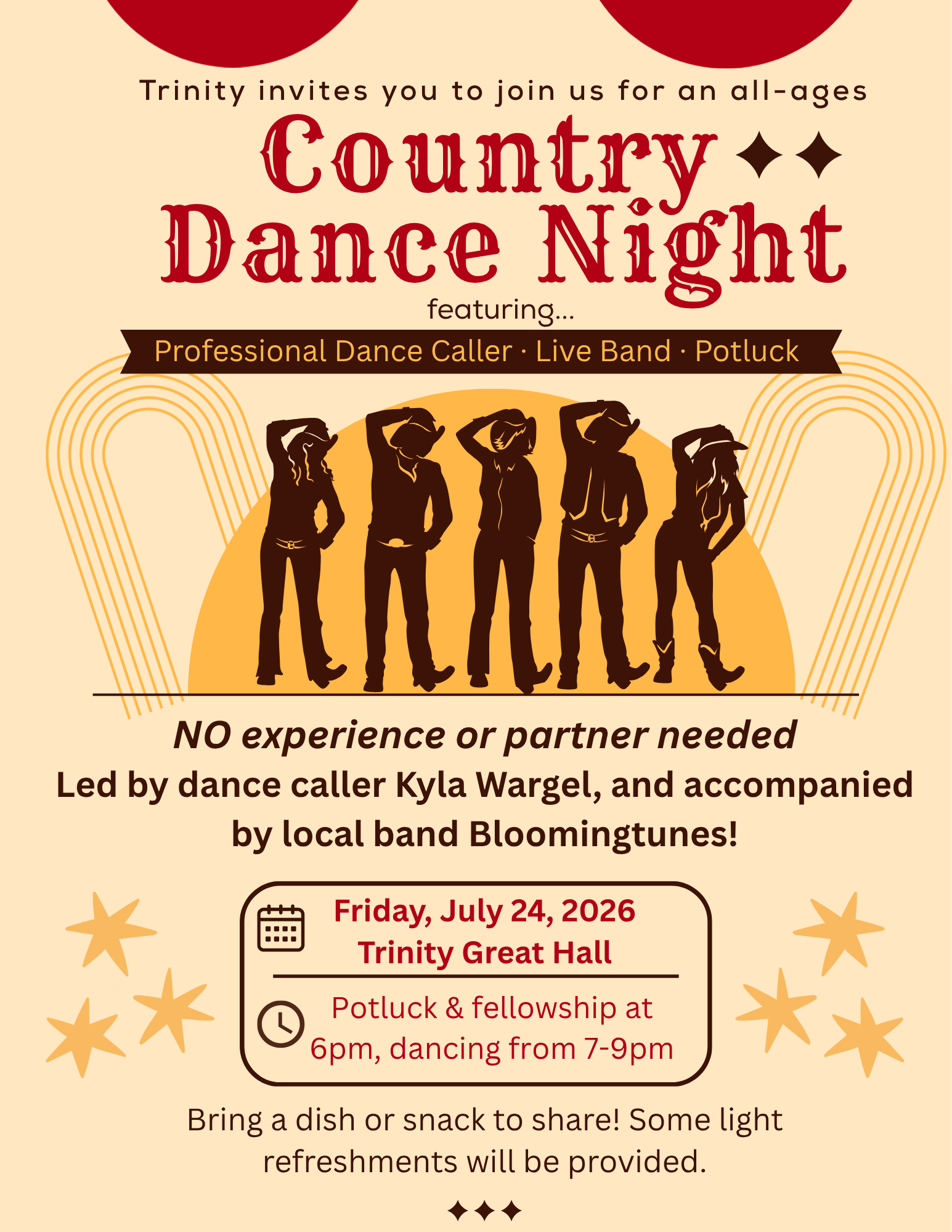 event flyer with a line of country dancers and event details